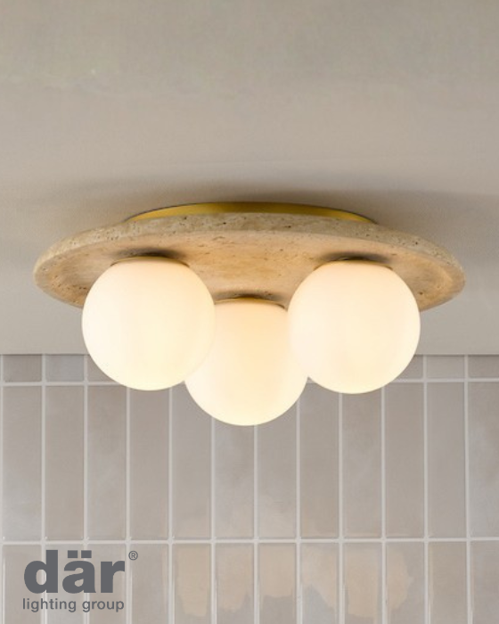 Dar Lighting Elgor Bathroom IP44 3 Light Travertine & Opal Glass Flush