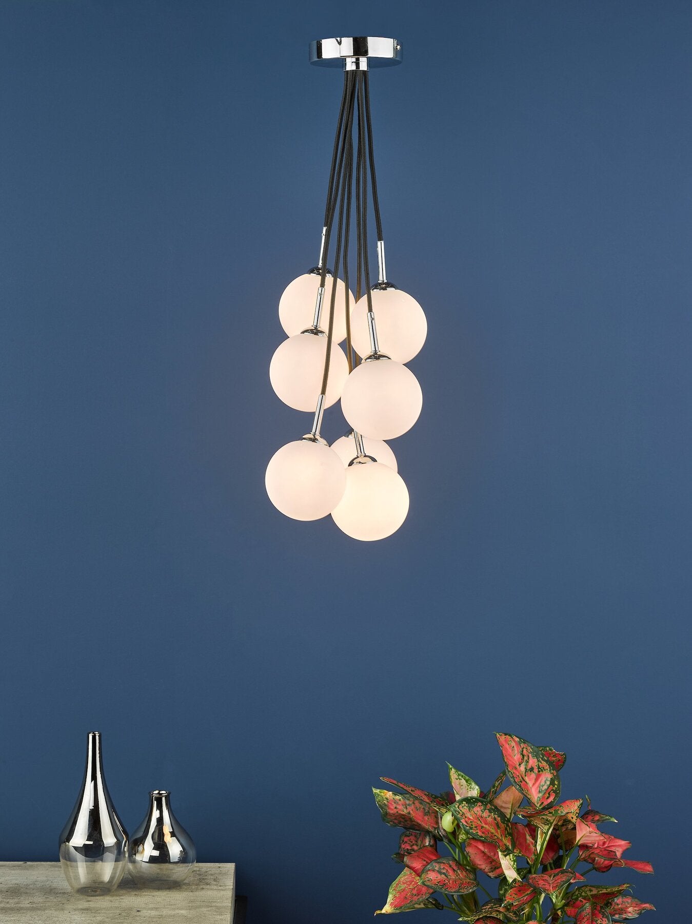 Dar Lighting Elpis 7 Light Polished Chrome & Opal Glass Cluster Pendant