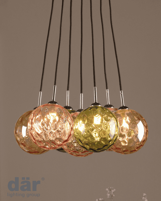 Dar Lighting Elpis 7 Light Polished Chrome & Mixed Coloured Glass Cluster Pendant