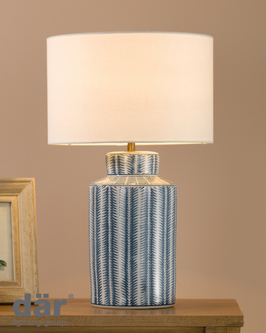 Dar Lighting Ennio Blue Ceramic & Antique Brass Table Lamp With Linen Shade