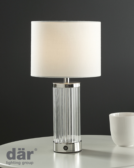 Dar Lighting Enrico LED Polished Nickel & Glass Rechargeable Table Lamp With Shade