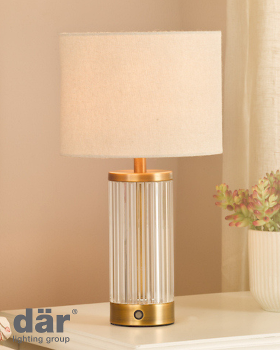 Dar Lighting Enrico Rechargeable LED Antique Bronze & Ribbed Glass Table Lamp With Linen Shade