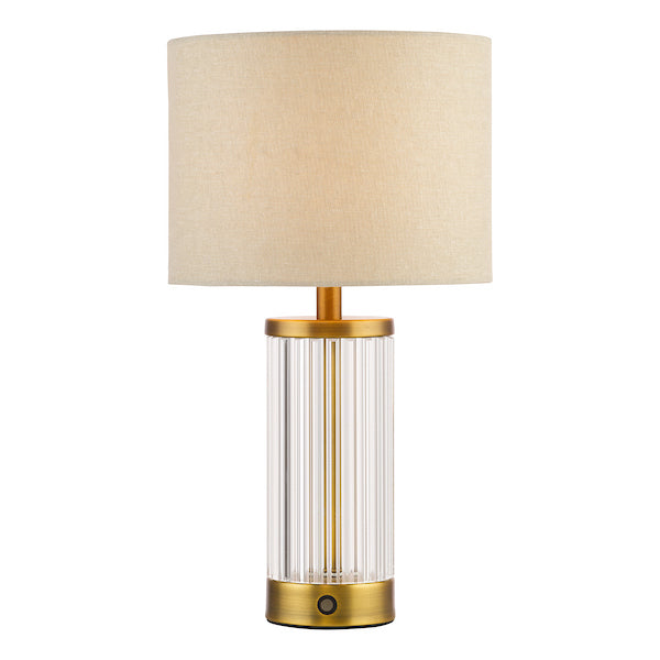 Dar Lighting Enrico Rechargeable LED Antique Bronze & Ribbed Glass Table Lamp With Linen Shade
