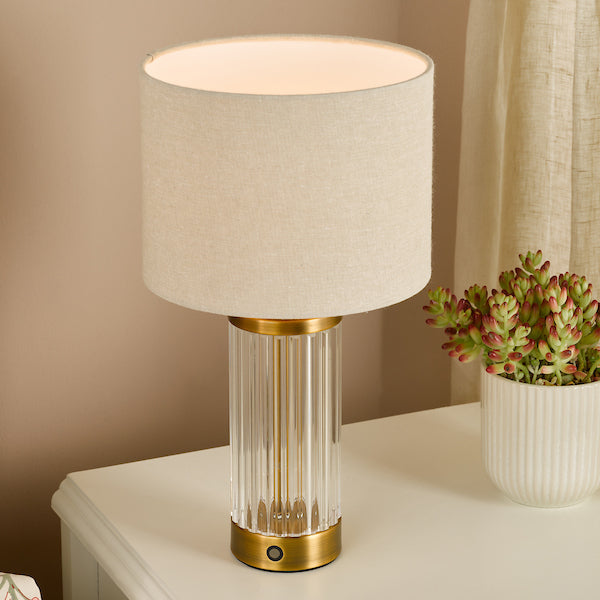 Dar Lighting Enrico Rechargeable LED Antique Bronze & Ribbed Glass Table Lamp With Linen Shade