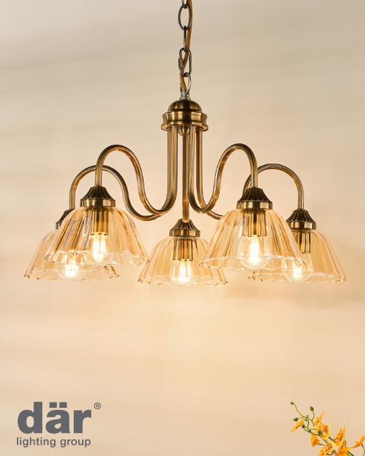 Dar Lighting Erika 5 Light Antique Bronze & Amber Glass Pendant