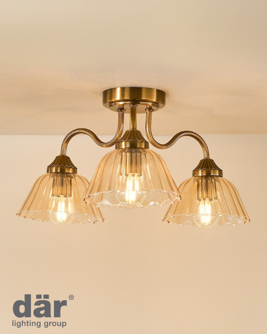 Dar Lighting Erika 3 Light Antique Bronze & Amber Glass Semi Flush