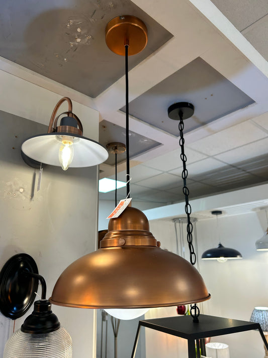 Dar Lighting Bronze pendant light fixture on a white surface with a blurred background