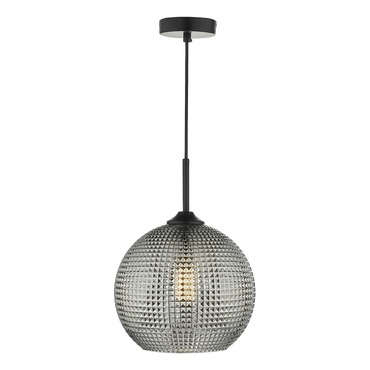 Dar Lighting pendant light with crystal shade and black fixture on a white background