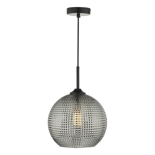 Dar Lighting pendant light with crystal shade and black fixture on a white background