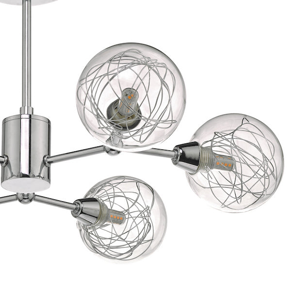 Dar Lighting modern chandelier with three glass globe shades on a white background