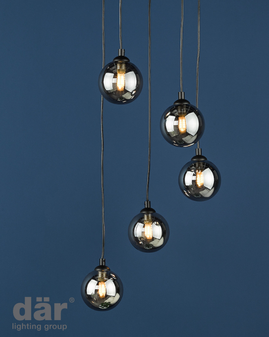 Dar Lighting Federico 5 Light Black & Smoked Glass Cluster Pendant