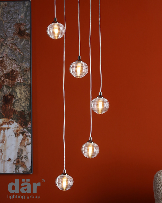 Dar Lighting Federico 5 Light Polished Chrome & Clear Ribbed Glass Cluster Pendant