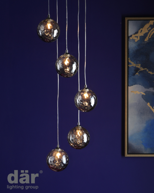 Dar Lighting Federico 5 Light Polished Chrome & Smoked Dimpled Glass Cluster Pendant