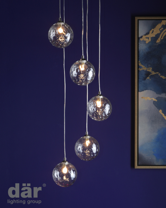 Dar Lighting Federico 5 Light Polished Chrome & Clear Dimpled Glass Cluster Pendant