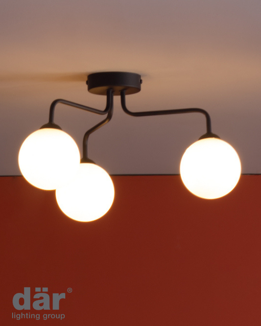 Dar Lighting Feya 3 Light Matt Black & Opal Glass Semi Flush