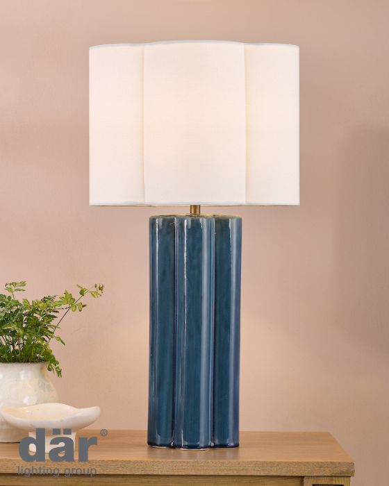 Dar Lighting Fiyan Blue Ceramic & Antique Brass Table Lamp With Scallop Linen Shade