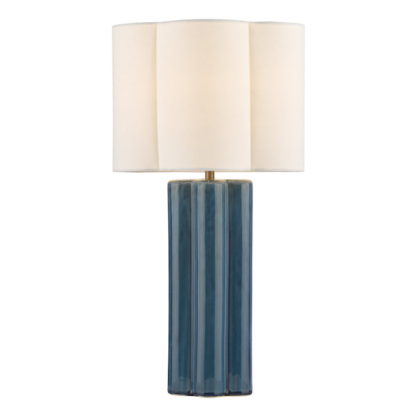Dar Lighting Fiyan Blue Ceramic & Antique Brass Table Lamp With Scallop Linen Shade