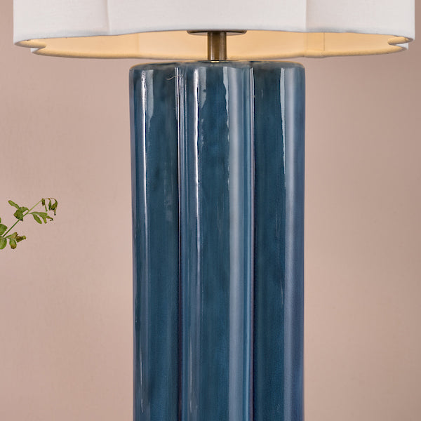 Dar Lighting Fiyan Blue Ceramic & Antique Brass Table Lamp With Scallop Linen Shade