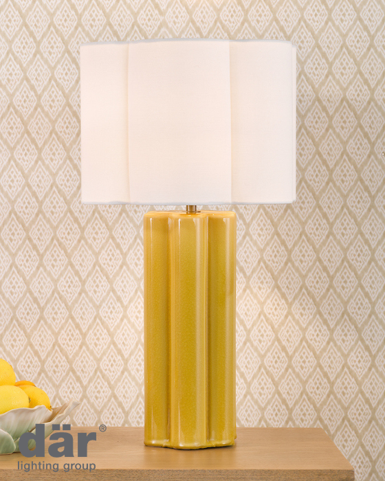 Dar Lighting Fiyan Yellow Ceramic & Antique Brass Table Lamp With Scallop Linen Shade