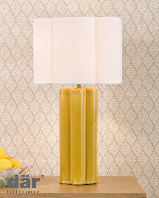 Dar Lighting Fiyan Yellow Ceramic & Antique Brass Table Lamp With Scallop Linen Shade