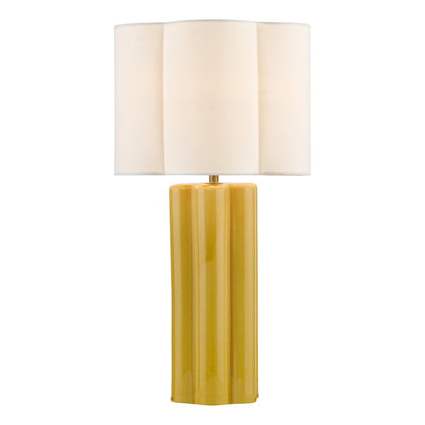 Dar Lighting Fiyan Yellow Ceramic & Antique Brass Table Lamp With Scallop Linen Shade