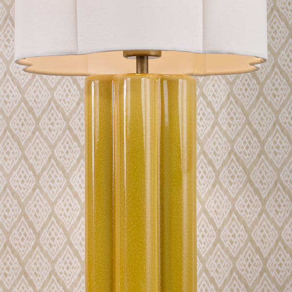Dar Lighting Fiyan Yellow Ceramic & Antique Brass Table Lamp With Scallop Linen Shade
