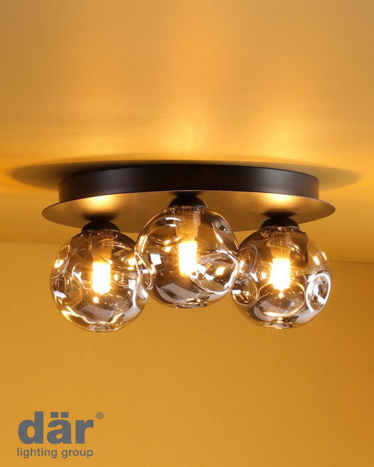 Dar Lighting Foley 3 Light Matt Black Flush With Closed Organic Smoked Glass