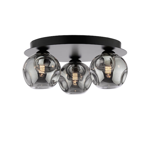 Dar Lighting Foley 3 Light Matt Black Flush With Closed Organic Smoked Glass