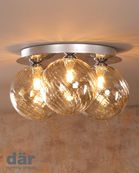 Dar Lighting Foley 3 Light Polished Chrome Flush With Twisted Amber Glass