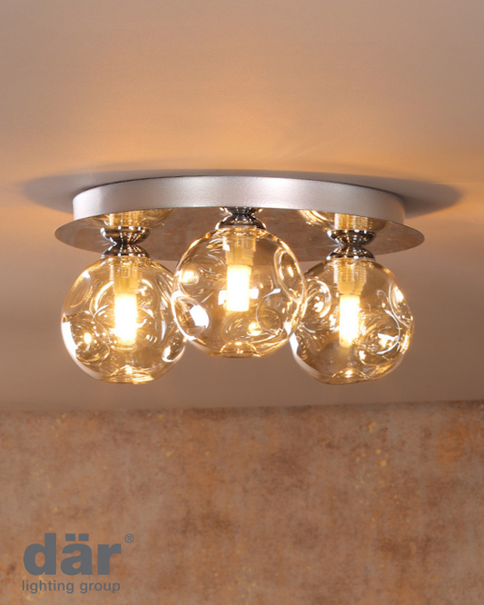 Dar Lighting Foley 3 Light Polished Chrome & Closed Organic Amber Glass Flush