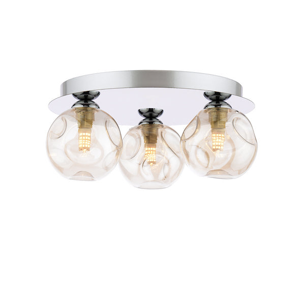 Dar Lighting Foley 3 Light Polished Chrome & Closed Organic Amber Glass Flush