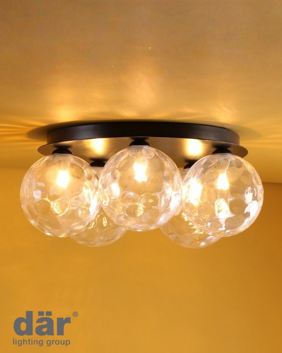Dar Lighting Foley 5 Light Matt Black & Clear Dimpled Glass Flush