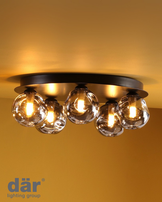 Dar Lighting Foley 5 Light Matt Black Flush With Closed Organic Smoked Glass