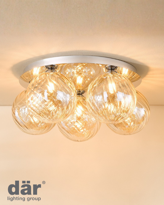 Dar Lighting Foley 5 Light Polished Chrome & Twisted Amber Glass Flush