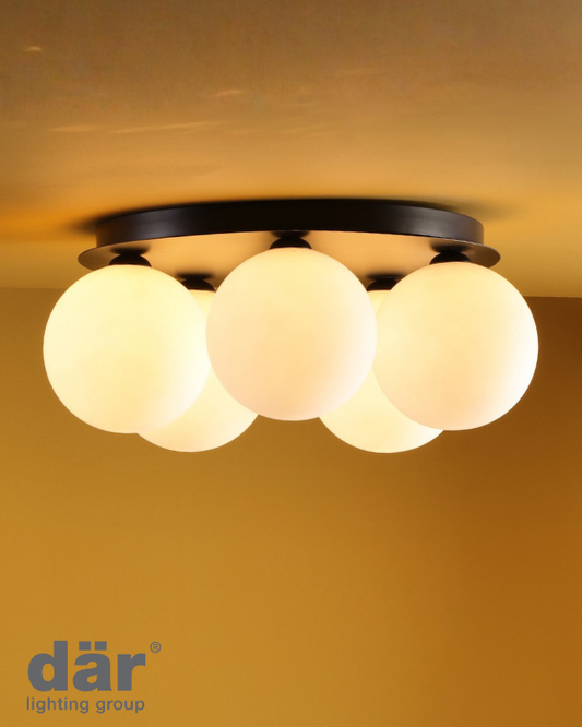Dar Lighting Foley 5 Light Matt Black & Opal Glass Flush