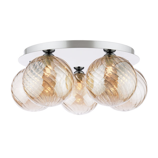 Dar Lighting Foley 5 Light Polished Chrome & Twisted Amber Glass Flush