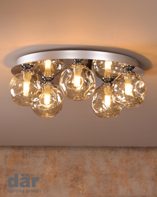 Dar Lighting Foley 5 Light Polished Chrome Flush With Closed Organic Amber Glass