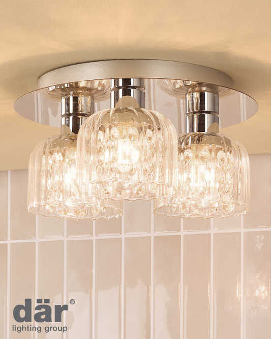 Dar Lighting Forseti 3 Light Bathroom IP44 Polished Chrome & Glass Flush