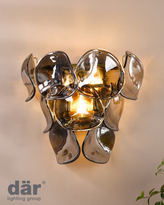 Dar Lighting Genoa 3 Light Natural Brass & Smoked Glass Wall Light