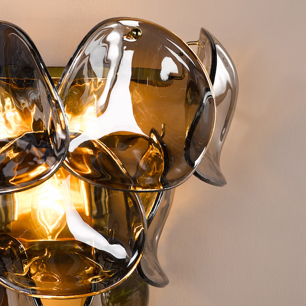 Dar Lighting Genoa 3 Light Natural Brass & Smoked Glass Wall Light