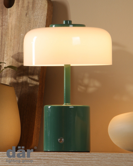Dar Lighting Gidget LED Rechargeable Green & Opal Glass Table Lamp