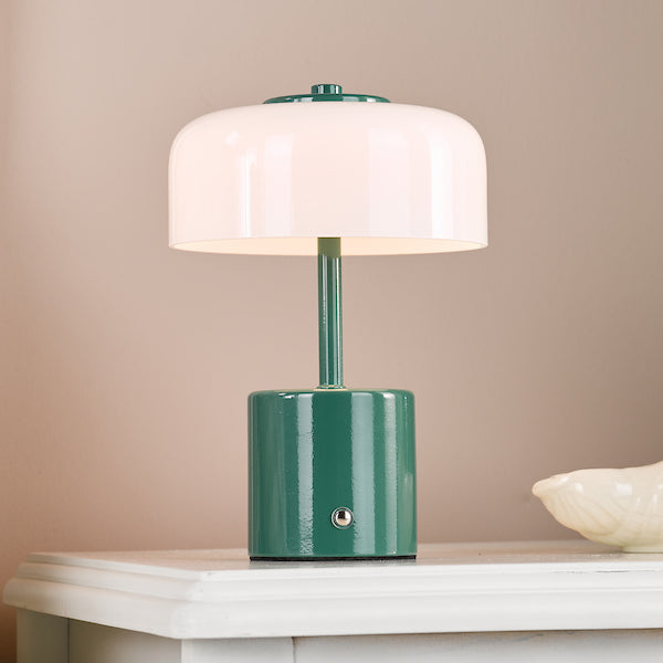Dar Lighting Gidget LED Rechargeable Green & Opal Glass Table Lamp