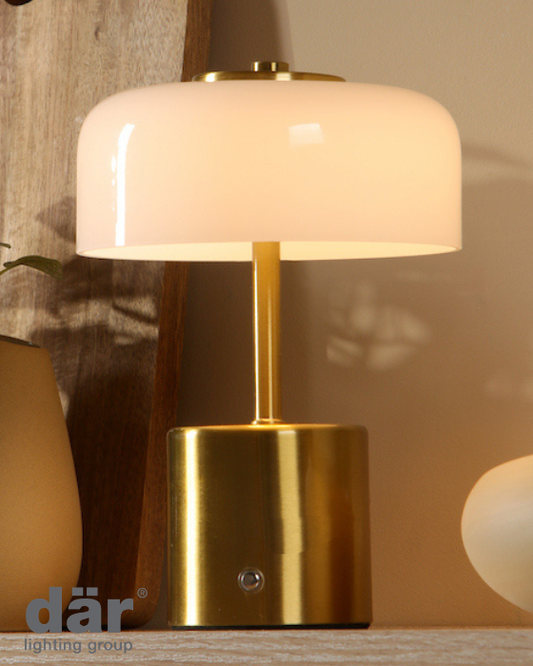 Dar Lighting Gidget LED Rechargeable Natural Brass & Opal Glass Table Lamp