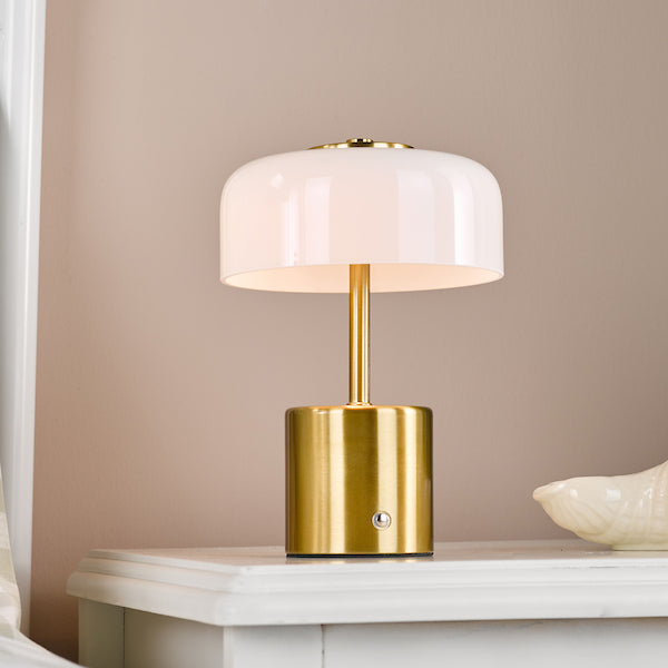 Dar Lighting Gidget LED Rechargeable Natural Brass & Opal Glass Table Lamp