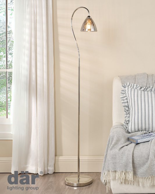 Dar Lighting Glynis Polished Nickel & Smoked Ribbed Glass Floor Lamp