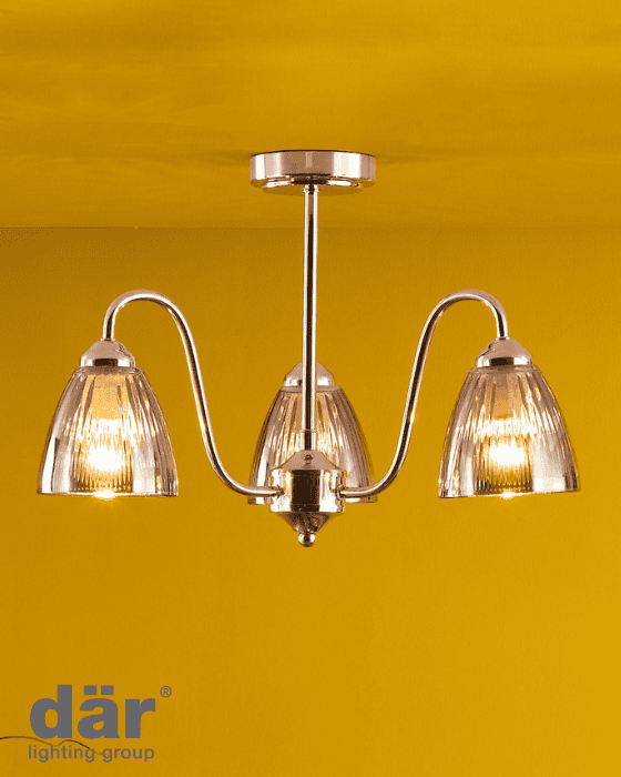 Dar Lighting Glynis 3 Light Polished Nickel & Smoked Ribbed Glass Semi Flush