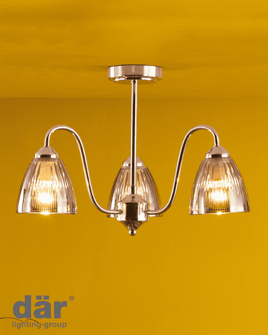 Dar Lighting Glynis 3 Light Polished Nickel & Smoked Ribbed Glass Semi Flush