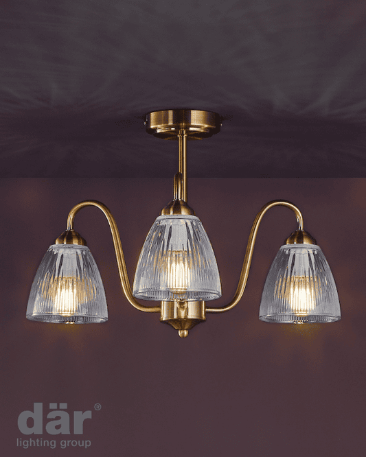 Dar Lighting Glynis 3 Light Antique Bronze & Ribbed Glass Semi Flush