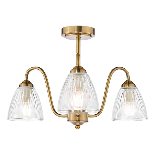 Dar Lighting Glynis 3 Light Antique Bronze & Ribbed Glass Semi Flush