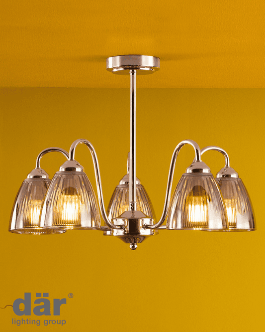Dar Lighting Glynis 5 Light Polished Nickel & Smoked Ribbed Glass Semi Flush